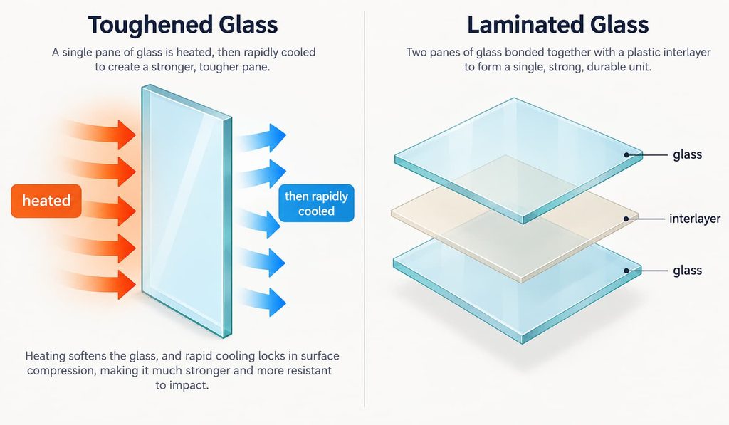 Toughened glass shown being heated then cooled, beside laminated glass shown as two glass sheets bonded around an interlayer