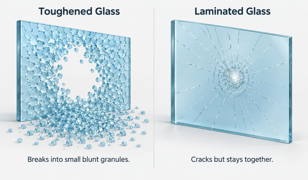 Toughened glass breaking into small granules beside laminated glass cracking in a spider web but holding together