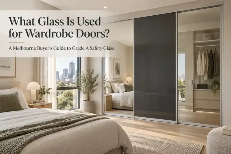 Built-in wardrobe with a mirror door, a coloured glass door and a clear glass door