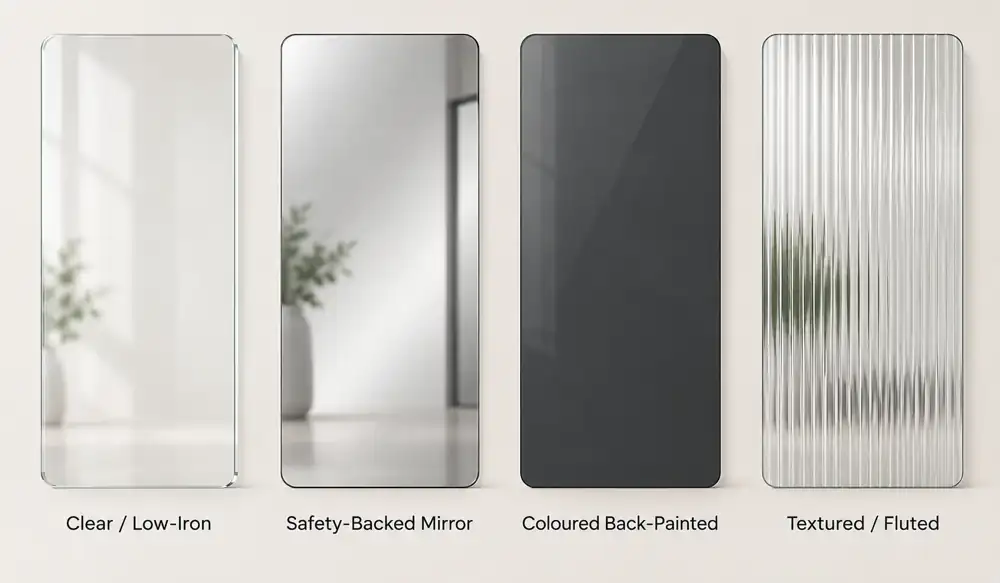 Wardrobe door glass options: clear or low-iron, safety-backed mirror, coloured back-painted glass and textured glass