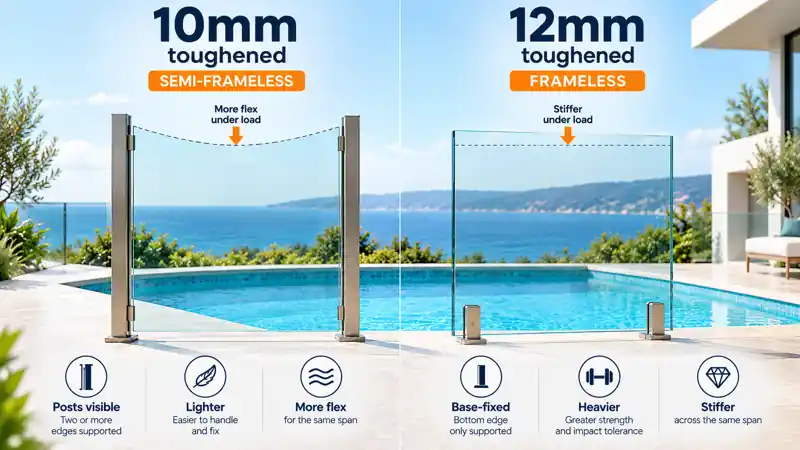 Illustrative comparison of 10mm semi-frameless and 12mm frameless toughened pool fence glass systems