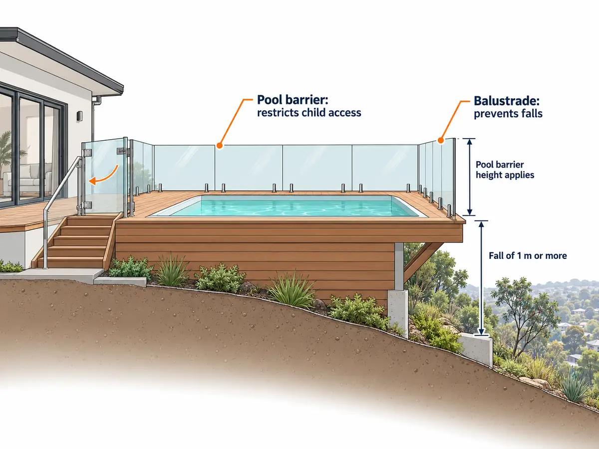 Diagram of a raised pool deck with a glass barrier acting as both a pool fence and a fall barrier