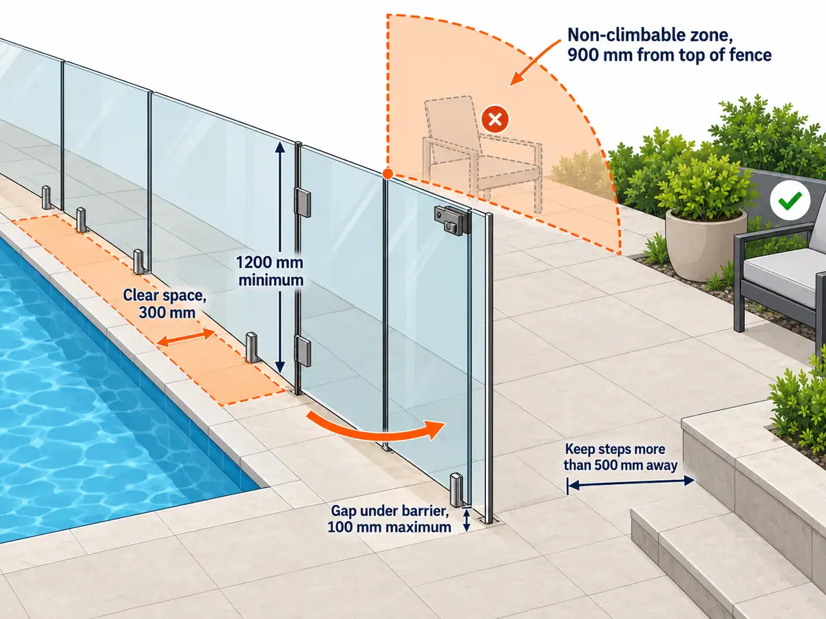 Diagram of a glass pool fence with an outward-swinging gate and clear zones on both sides