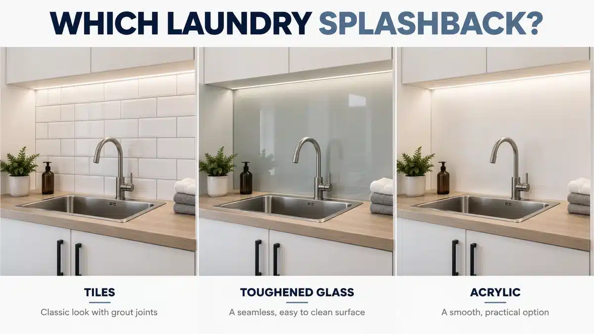 Comparison of tiles, toughened glass and acrylic splashbacks above a laundry sink